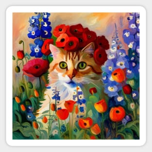 Orange Cat with Delphiniums and Poppies Sticker